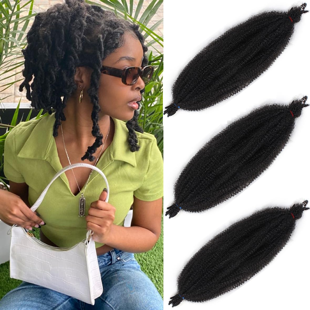 Leeven 16 Inch Springy Twist Hair for Afro Marley Locs 3 Packs Pre Separated Popping Spring Twist Crochet Hair for Distressed Locs Afro Kinky Curly Marley Braiding Hair Extensions /1B# — image 1