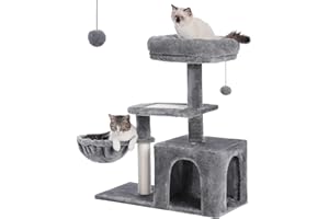 PETEPELA Cat Tree for Small Indoor Cats, Plush Cat Tower with Large Cat Condo, Deep Hammock and Sisal Cat Scratching Post for Kittens Grey