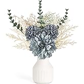 Mkono Small Artificial Flowers in Ceramic Vase 13.5" Centerpieces Coffee Table Decor, Silk Flower Arrangements for Home Decor Indoor Fake Flower Bouquet for Bathroom Dining Room Kitchen Wedding Blue