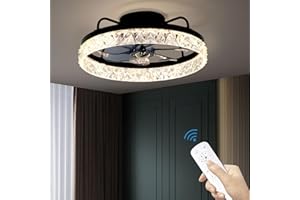 JSAITEE Low Profile Ceiling Fans with Lights and Remote, 20in Bladeless Flush Mount Ceiling Fans with 3 Light Colors 6 Wind Speeds for Bedroom Small Room Kitchen (Black)