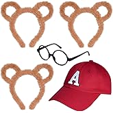 Yolyoo 5 Pieces Chipmunks Costumes Set Include 1 Red hat, 3 Chipmunk Ears Headband and 1 Black Round Glasses Frame for Halloween Party Animal Costume Accessories