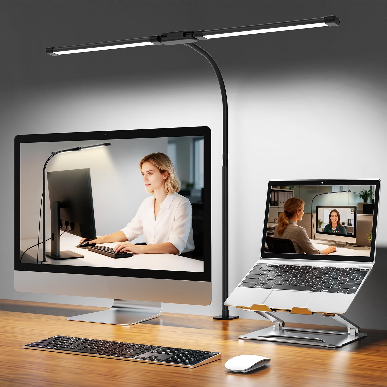 Woputne Desk Lamp with Clamp, Super Wide & Bright, 5 Color Modes x 10 Brightness Levels, 960LM, 12W Computer Monitor Table Light, Flexible Dual Head Monitor Light for Office, Study, Crafts & Drawing