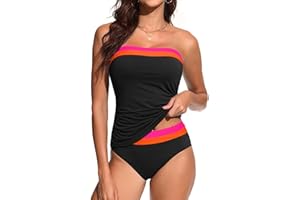 Daci Bandeau Tankini Swimsuits for Women - Two Piece Ruched Tummy Control Bathing Suit Strapless Swimwear with Bottom