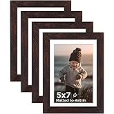 KINLINK 5x7 Picture Frame Brown Set of 4, Wooden Photo Frames Matted 4x6 with Plexiglass for 4x6 with Mat or 5x7 without Mat for Table and Wall Display
