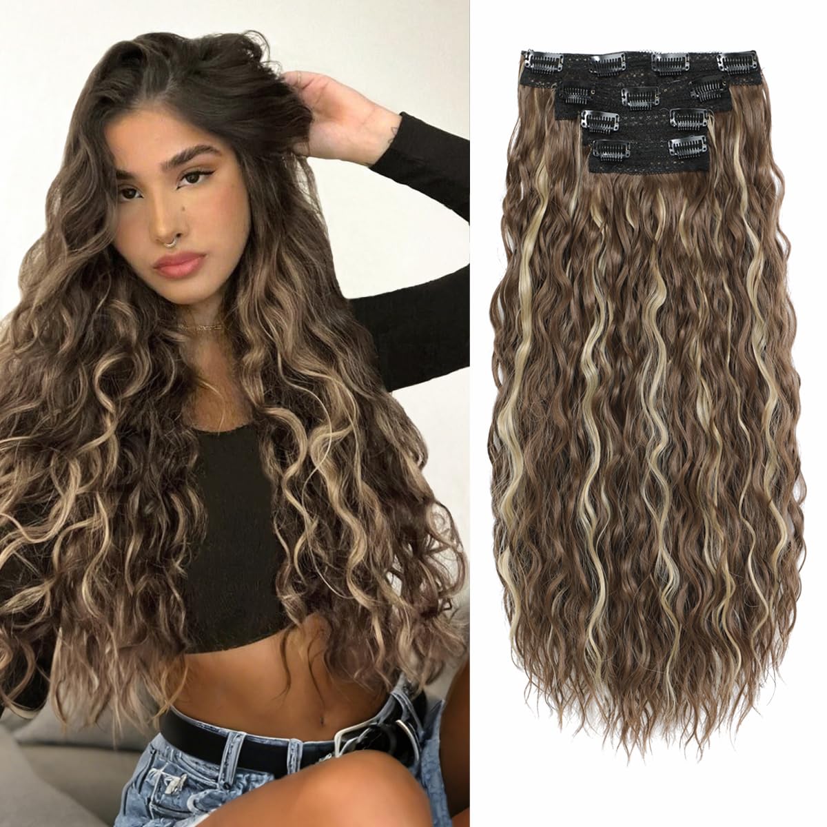 VEGALILY 4PCS Hair Eextensions Clip in Curly Hair 20inch Ombre Brown hair Extensions Full Head Soft Synthetic Fiber Hairpieces for Women (Ash Brown to Bleach Blonde) — image 1