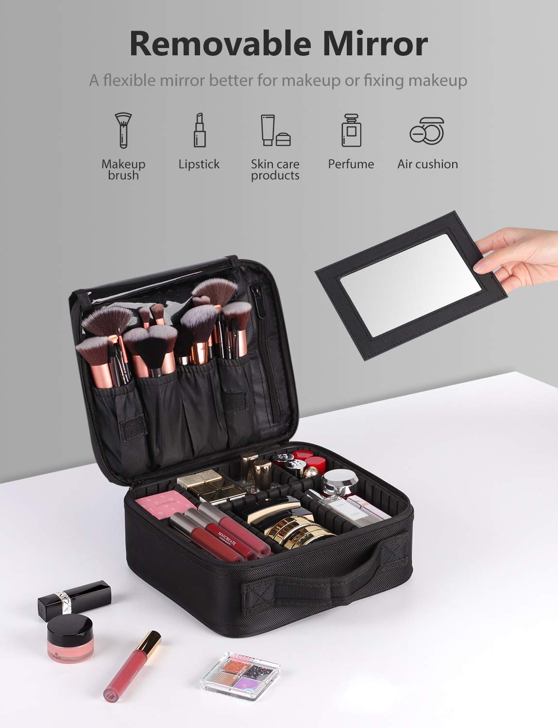 Syntus Travel Makeup Bag with Mirror, Portable Train Cosmetic Case Organizer with Adjustable Dividers Large Capacity for Cosmetic Makeup Brushes Toiletry Jewelry Digital Accessories, Black : Beauty