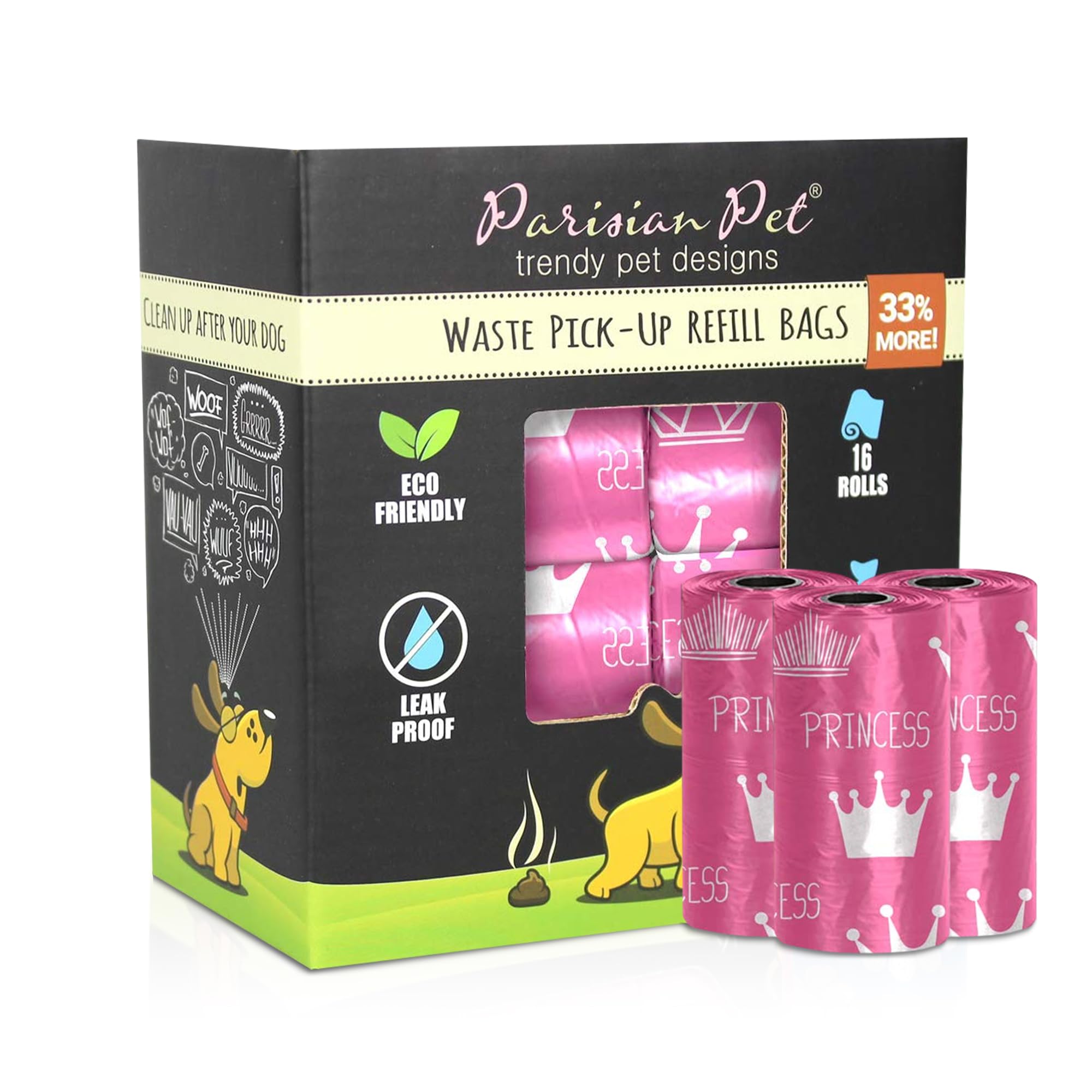 Parisian Pet Dog Poop Bags for Dogs – Refills Rolls of Doggie Bags for Poop – Unscented Dog Poop Bag – Eco-Friendly Pickup Pet Waste Bags, 16 Rolls, Princess