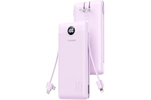 VEGER Portable Charger, 10000mAh Power Bank with Built-in Cables & AC Wall Plug, Ultra Slim Battery Pack 5 outputs 2 Inputs, 