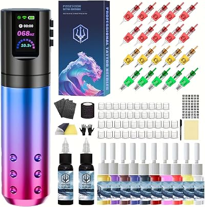 POSEIDON Wireless Tattoo Pen Kit 87Pcs 1800mAh Battery LED Display
