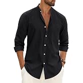 Alimens &amp; Gentle Men's Cotton Linen Shirts Long Sleeve Button Down Shirt Band Collar Beach Shirts