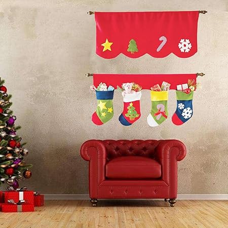 Amazon Elfish クリスマス 飾り 窓 カーテン クリスマス 飾り付け 置物 カーテン 飾り窓 おしゃれ かわいい クリスマスパーティー 装飾 寝室 客間 お菓子 クリスマスソックス ホルダー付き レッド クリスマス雑貨 おもちゃ
