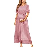 AISWI 2025 Maternity Sparkly Mesh Maxi Flowy Dress with Belt Ruffle Sleeves Pregnant Long Dress Baby Shower Photoshoot Formal