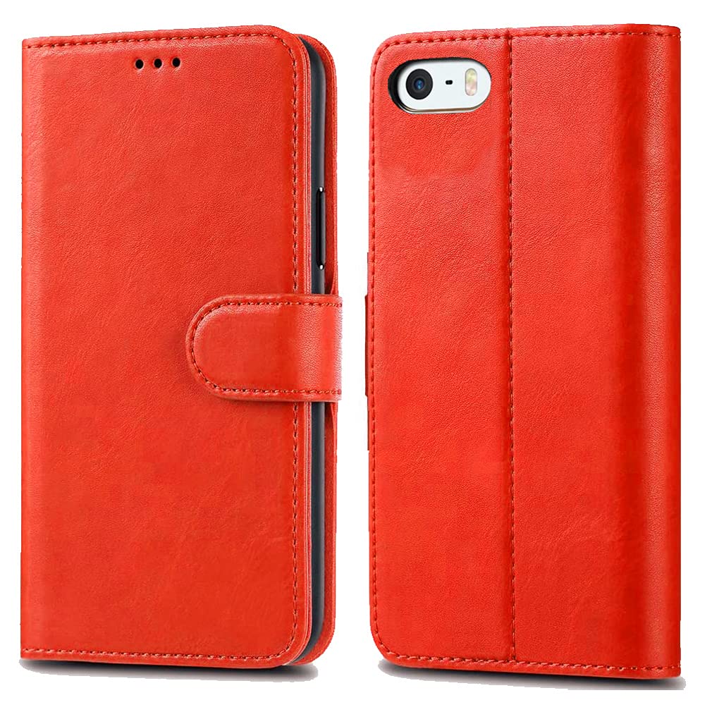GAPlus iPhone SE 5 5S Case Premium Leather Flip Wallet Case Cover Pouch For iPhone SE 5 / 5S and Screen Protector With Polishing Cloth And Stylus (Red)