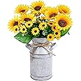 Winlyn Farmhouse Sunflowers Centerpiece Metal Milk Jug Artificial Sunflower Bunches Summer Floral Arrangements 13" Tall for Rustic Country Kitchen Living Room Everyday Table Centerpiece