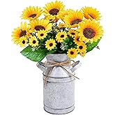 Winlyn Farmhouse Sunflowers Centerpiece Metal Milk Jug Artificial Sunflower Bunches Summer Floral Arrangements 13" Tall for Rustic Country Kitchen Living Room Everyday Table Centerpiece