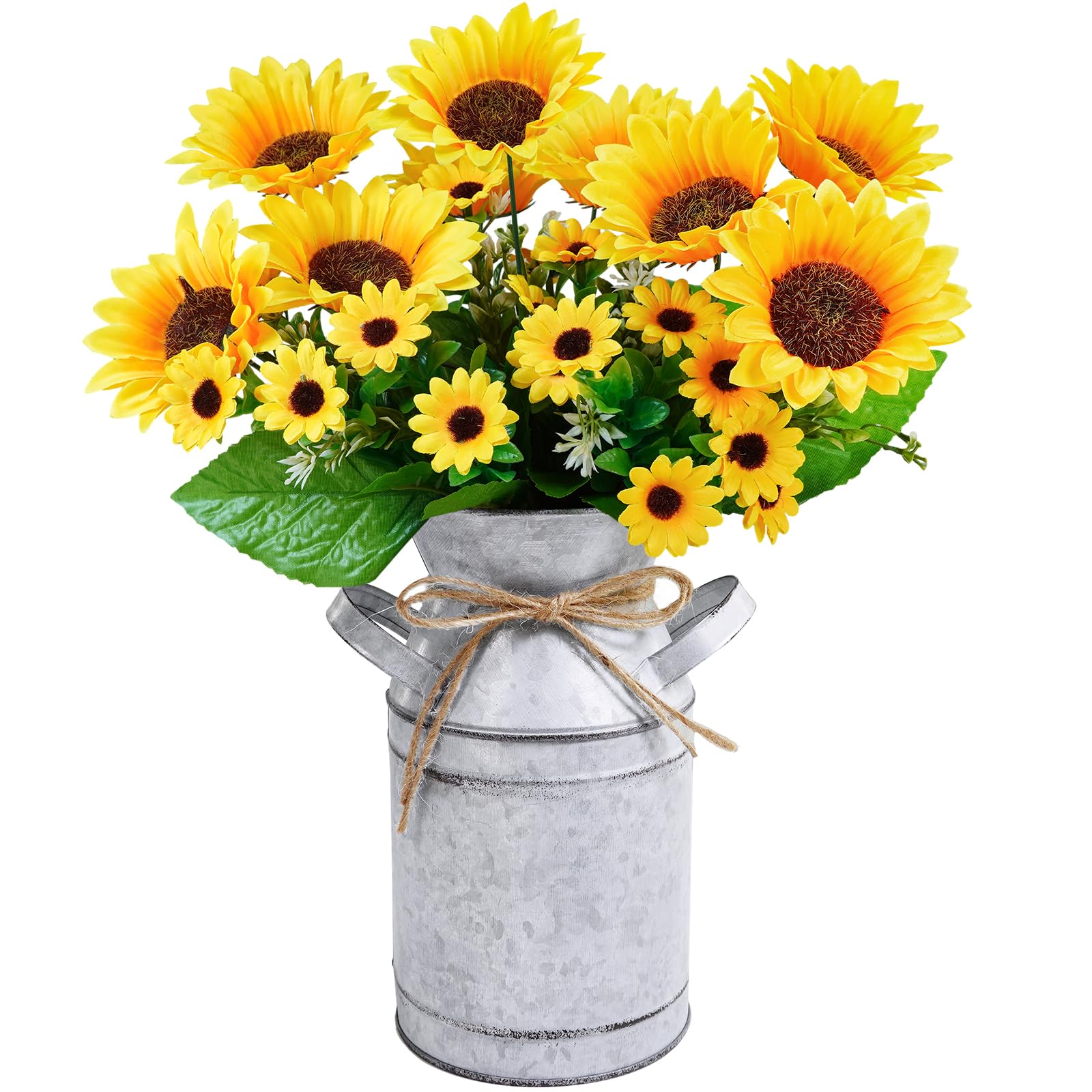Photo 1 of Winlyn Farmhouse Sunflowers Centerpiece Metal Milk Jug Artificial Sunflower Bunches Summer Floral Arrangements 13" Tall for Rustic Country Kitchen Living Room Everyday Table Centerpiece