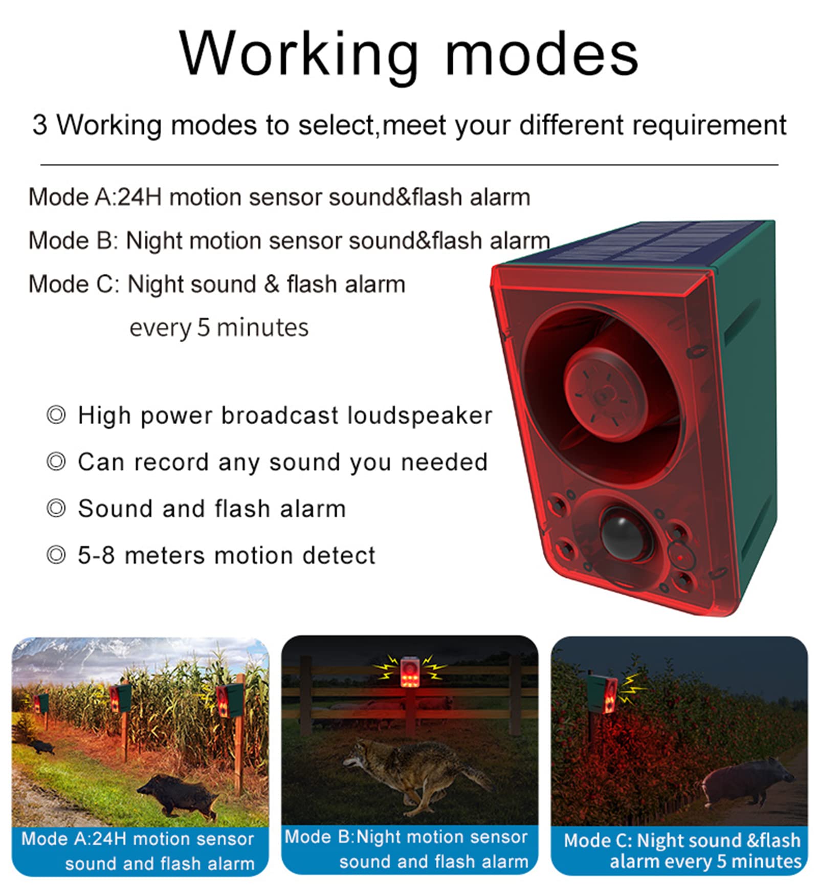LAFEINA Solar Sound & Strobe Light Alarm Motion Detector, Gunshot & Dog Barking & Recording, Record 20S Custom Message Siren Security Alert System for Farm Barn Villa (1)