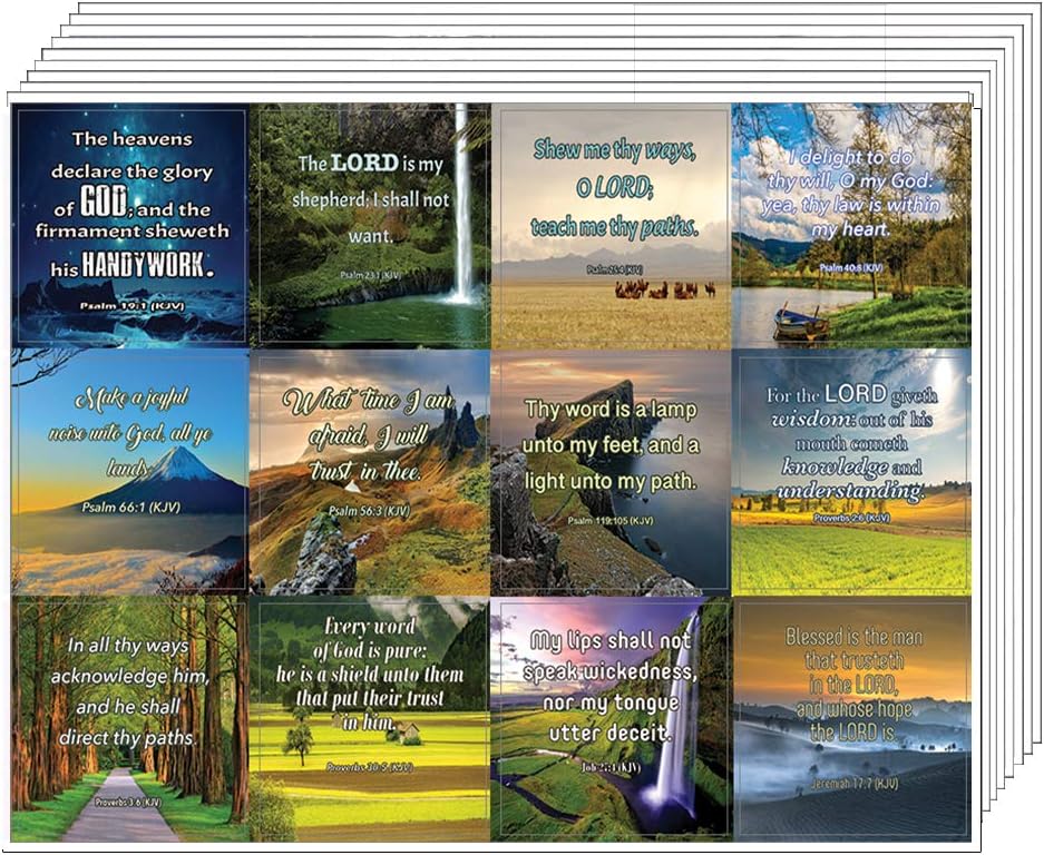 NewEights Short KJV Bible Scriptures Stickers (5 Sheet) - Total 60 pcs (5 x 12 pcs) Individual Small Size 2.1 x 2 Inches, Waterproof, Unique Designs, Great Variety Colorful Stickers