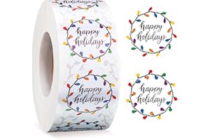 Epakh 1000 Pcs 1.5 Inch Happy Holiday Stickers Christmas Sticker for Envelopes Circle Label Holiday Lights Sticker Round Xmas Tag Envelope Seal Decals for Christmas Greeting Card (Black)