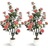 UPBUD Artificial Camellia Tree 2 Pack – 40'' Realistic Fake Potted Plant with 30 Pink Flowers, Lifelike Faux Camellia Trees for Home, Living Room, Patio, Wedding, Event Decoration