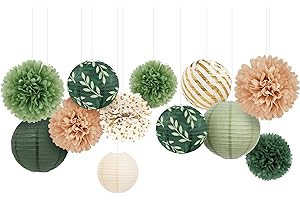 AOBKIAT Wedding Party Decorations Set,12PCS Olive Green Sage Paper Pom Poms Lanterns with Olive Leaf,for Engagement,Baby Shower,Bridal Shower,Boho Party