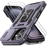 DEERLAMN Case for iPhone 16 with Slide Camera Cover+Screen Protector (2 Packs), Rotated Ring Kickstand Military Grade Shockproof Protective Cover-Deep Purple