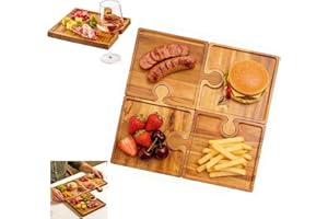 Puzzle Charcuterie Board Set of 4 - Wooden Interlocking Puzzle Tray Boards with Handle, Food Fruit Nut Snack Wood Cutting Boa