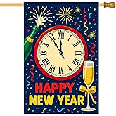 HOMETITUTE Happy New Year House Flag 28x40 Inch Champagne Bottle Clock and Confetti Design Garden Flag Fireworks Outdoor Yard Decoration Holiday Celebration Banner for Home Porch Lawn