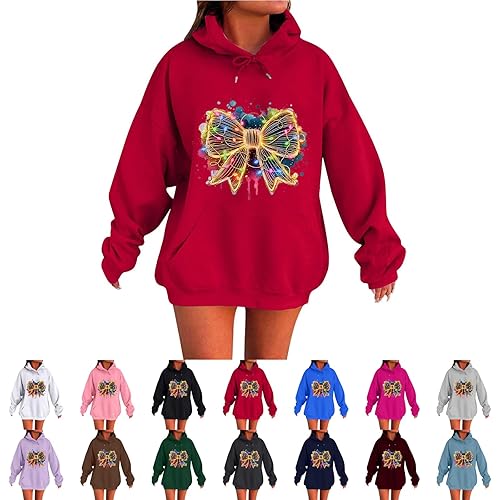 DUHGBNE christmas jumper plus size women Christmas Costume for Women Uk Xmas Theme Bow Graphic Print Hoodies Oversized Long Sleeve Drawstring Hooded jumper