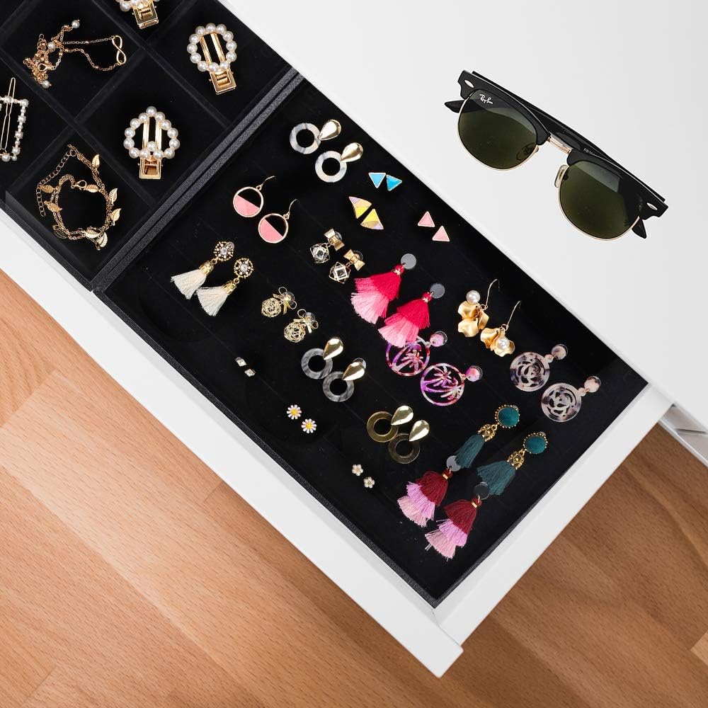 Mebbay Stackable Velvet Jewelry Trays Organizer, Jewelry Storage Display Trays with Full Artificial Leather Cover for Drawer, Earring Necklace Bracelet Ring Organizer, Set of 3 (Black): Home & Kitchen