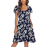 HOTOUCH Women's Casual Dress Floral Summer Dress Ruffle Sleeve Crewneck Flowy Swing Mini Dresses with Pockets