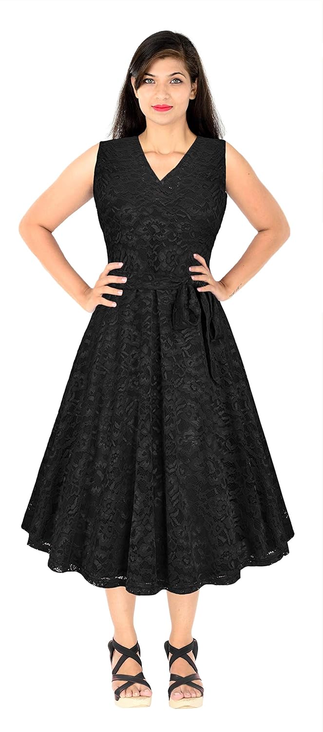 karm enterprise women's crepe silk knee length frock, free size(black, russlle)