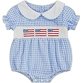 MoZiKQin Baby Girl 4th of July Outfit American Flag Embroidery Bubble Romper Plaid Smocked Jumpsuit Cute Summer Clothes