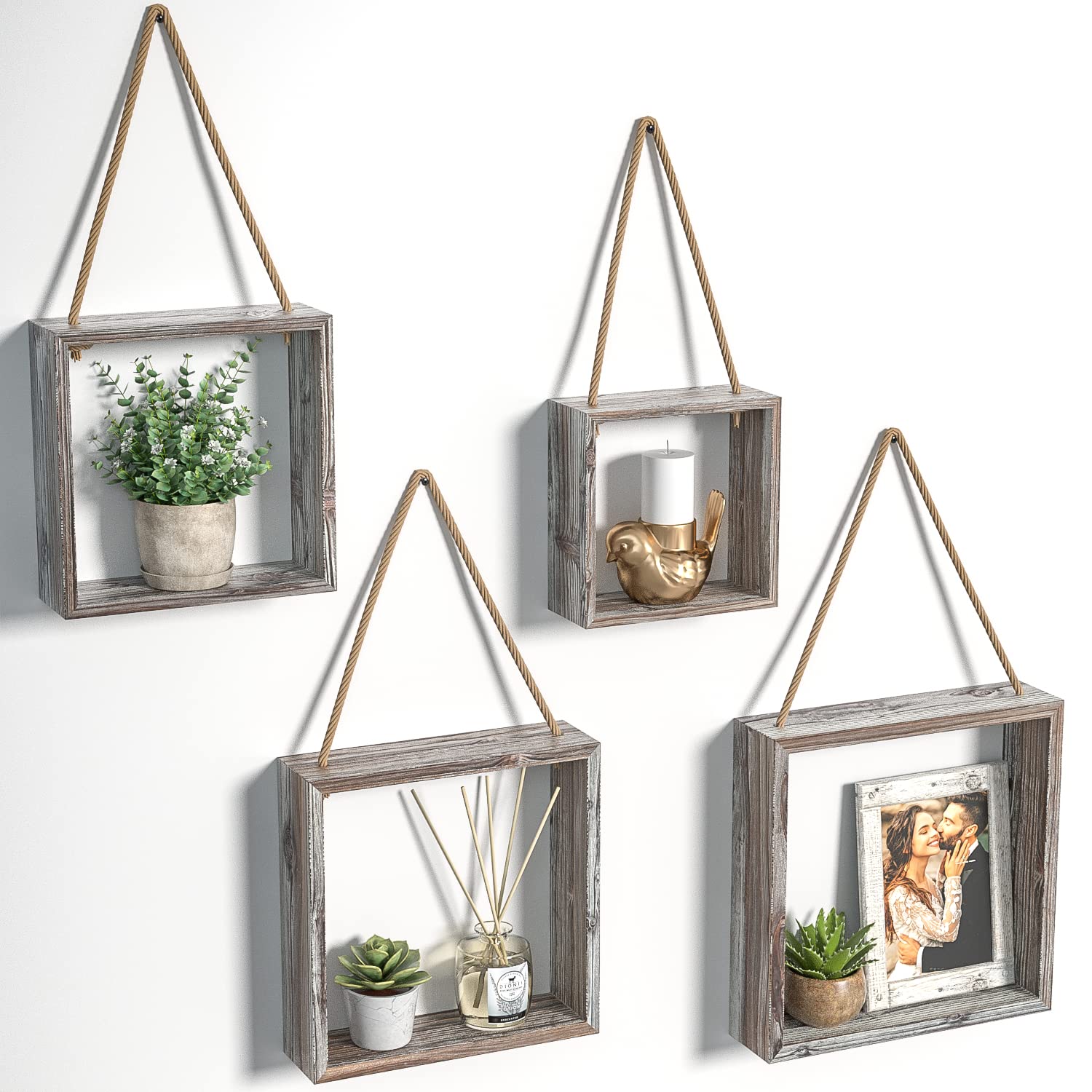 Photo 1 of **broken corner**J JACKCUBE DESIGN Wall Decor Floating Hanging Square Shelves Wall Mounted Rustic Wood Cube Display Shelf Shadow Boxes Decorative Boho Home Décor for Living Room, Bedroom, Office, Set of 4 - MK571A