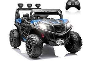 ANPABO 24V 4X4 Ride on Car Truck w/Remote Control, 4WD/2WD Switchable Kids UTV, 19" Spacious Seat, 4 Shock Absorbers, Soft Start, Music Player, Electric Car for Kids (Blue)