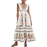 YADMISU Women's V Neck Cap Sleeve Vacation Maxi Dress Fruit Floral Print Elastic Waist Summer Casual Long Beach Dress
