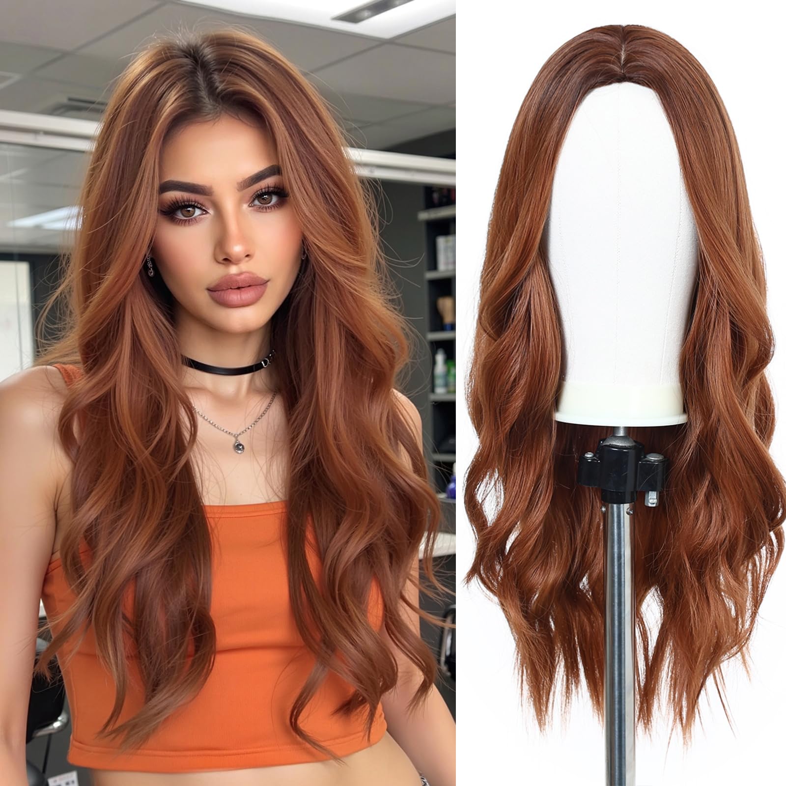 Esmee Long Ombre Auburn Wigs for Women Natuaral Synthetic Wavy Curly Hair Wig for Daily Party Cosplay Use-26 Inches — image 1