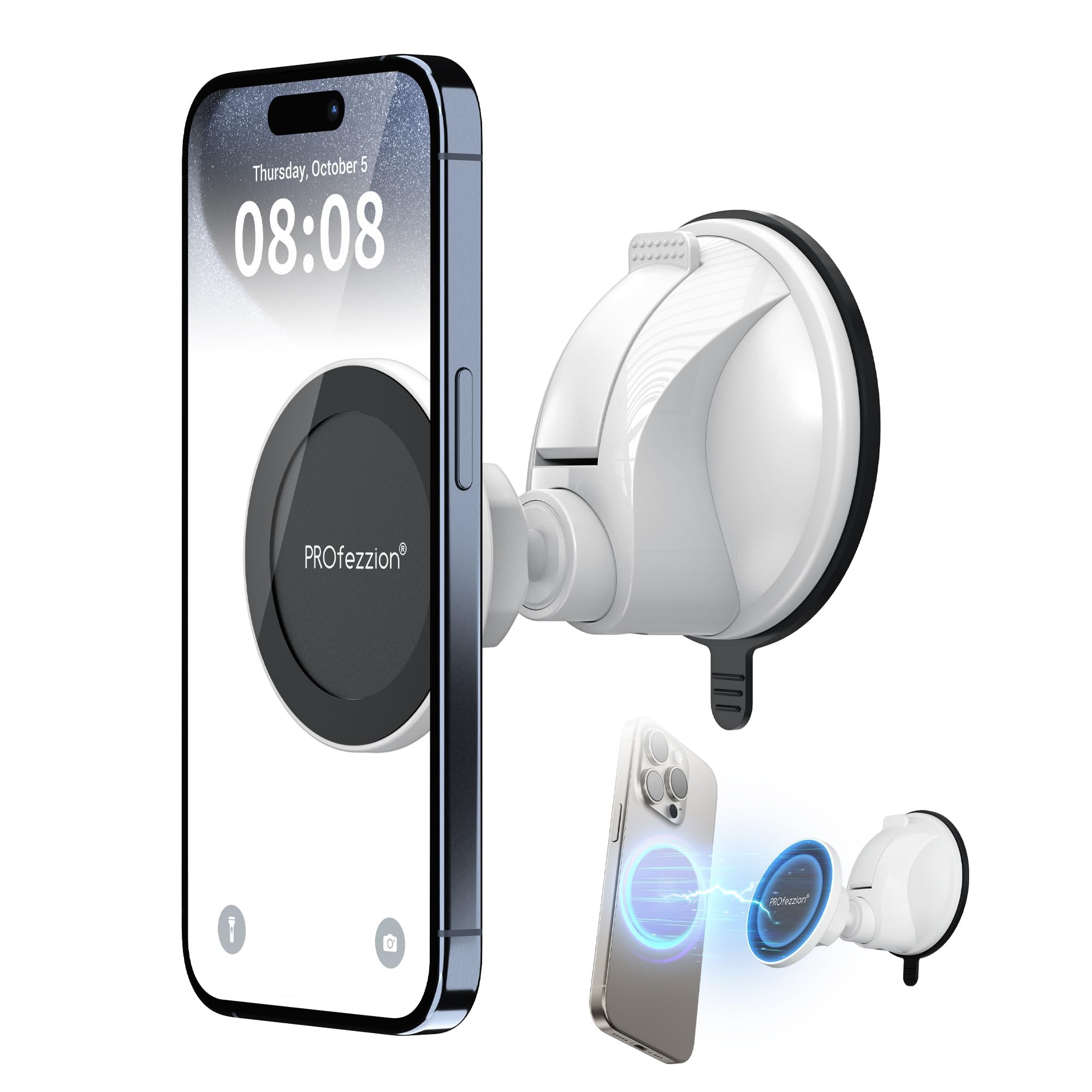PROfezzion Magnetic Shower Mirror Phone Holder Reusable Suction Cup Phone Mount Compatible with iPhone 17 16 15 14 13 12 & All Phones, Rotating Stand for Glass Window Bathroom Kitchen, White