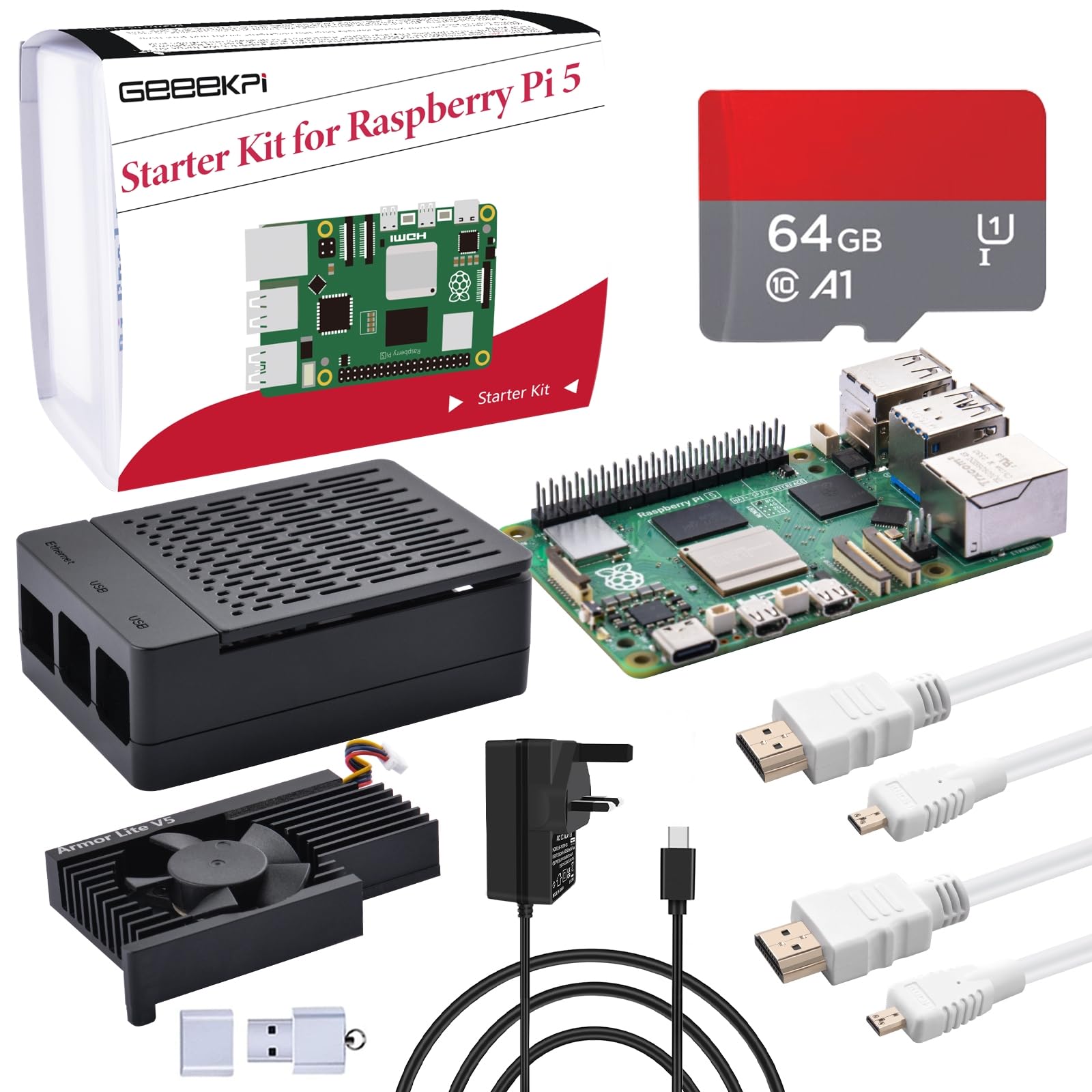 GeeekPi Starter Kit for Raspberry Pi 5 4GB, with Raspberry Pi 5 & Armor Lite V5 Active Cooler, ABS Case, 64GB Card, Card Reader, 2pcs 4K HDMI Cables and 27W USB C Power Supply