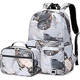 WUUDWALK Girls School Bag Kids' Backpacks Fashion Backpack Teens Bookbag Set,Tie Dye Printed Marble Pattern Backpack with Lunch Bag (Printed marbling of Black)