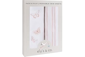 Ely's & Co. Pack and Play Sheets, for Mini/Portable Crib, 2 Pack Fitted Playpen Play Yard Sheet Set Compatible with Graco Pack n Play, for Baby Girls, 100% Cotton, 38”x24”x5” Pink Butterfly + Stripes