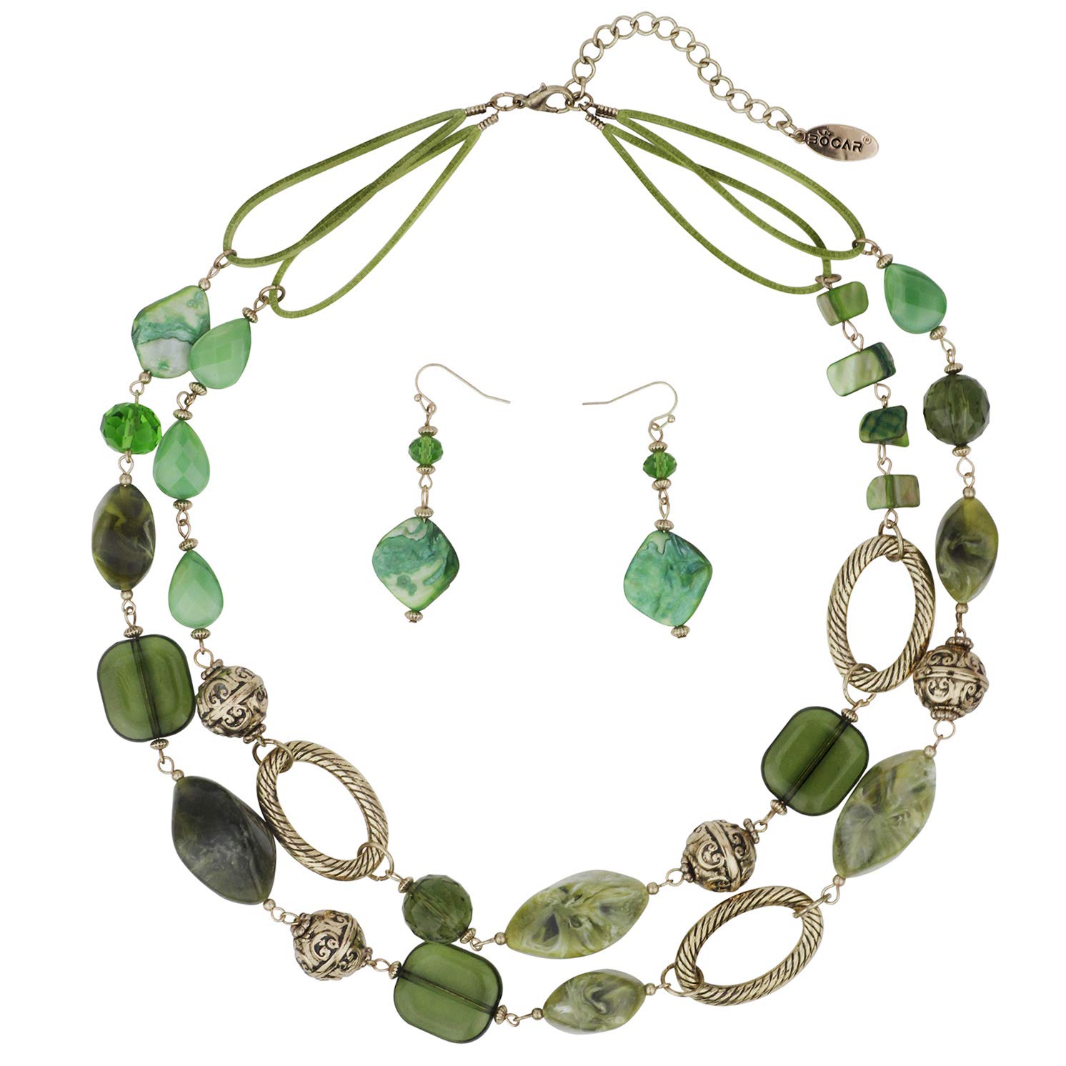 BOCAR 2 Strand Statement Choker Shell Necklace and Earring Set for Women Gift (NK-10370-Emerald)