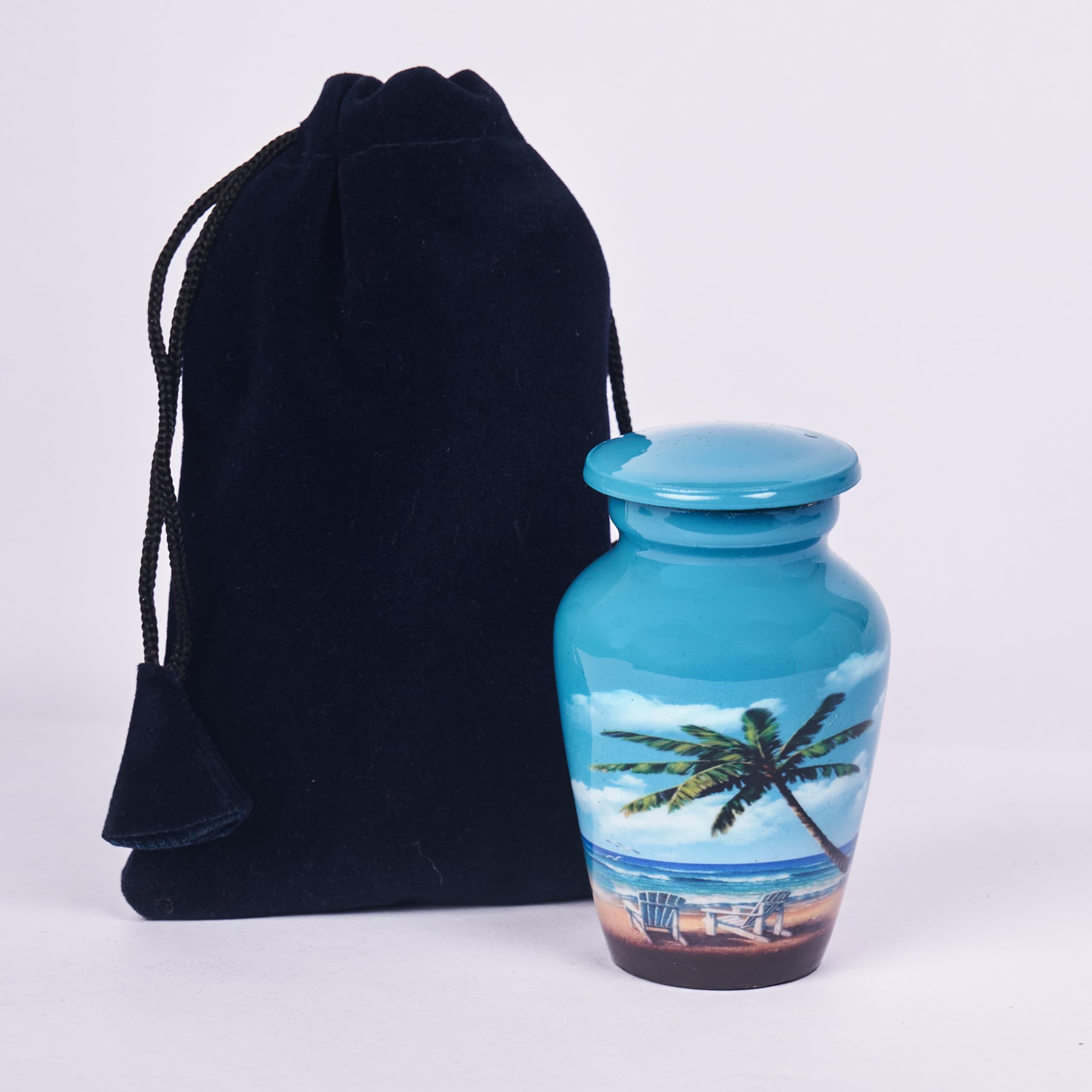 HLC Blue Beach Mini Keepsake Urn - 4" H x 2.4" W x 3" L, Includes Velvet Box Bag