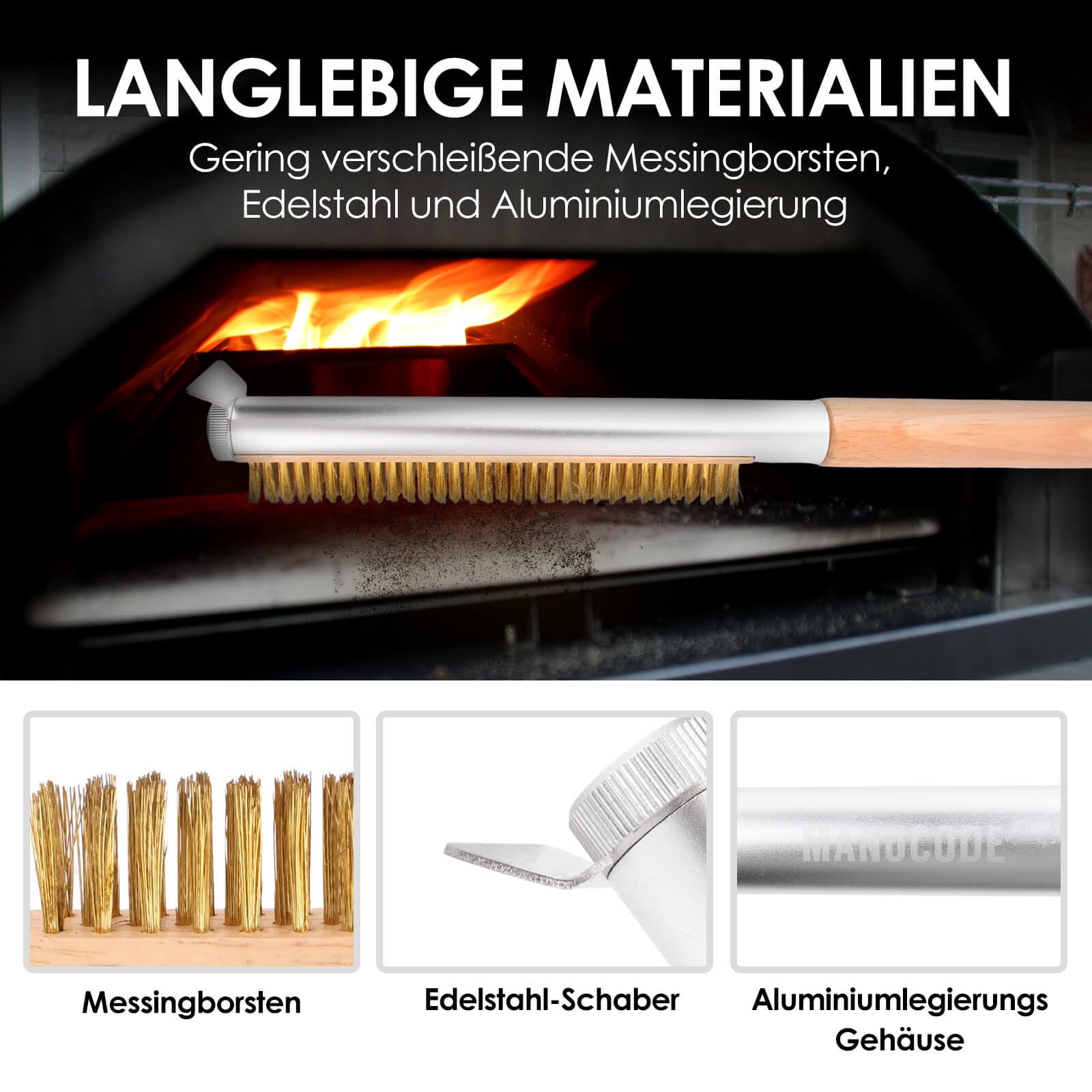 Manucode Pizzaofen Bürste mit Schaber, Messingborsten, Holzgriff, 52 cm 3