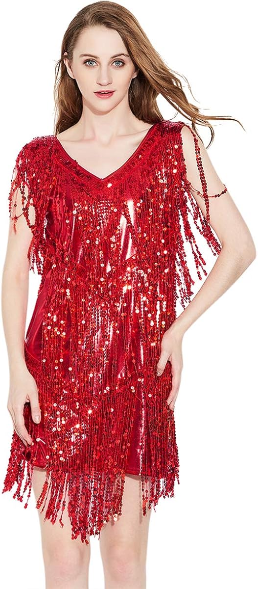 ZX 1920s Inspired Sequin Fringe Sleeveless V Neck Flapper Party Dance Dress 4 Pieces Outfits (7 Colors): Clothing