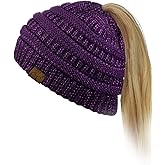 C.C Exclusives Soft Stretch Cable Knit Messy Bun Ponytail Beanie Winter Hat for Women (MB-20A)