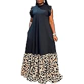 Famnbro Plus Size Maxi Dress for Women Summer Ruffles Sleeveless Patchwork Printed African Dresses
