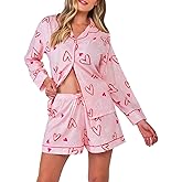 Womens Valentin's Day Pajamas Shorts Set Two-piece Pj Sets Heart Print Sleepwear Loungewear Button-Down 2 Piece Pjs Set