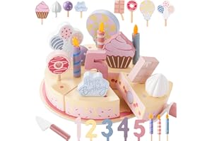 ZRUNBO Birthday Party Cake Toys, Wooden Play Food Set for Kids Toddlers, Play Kitchen Toys for Boys Girls, Cutting Birthday C