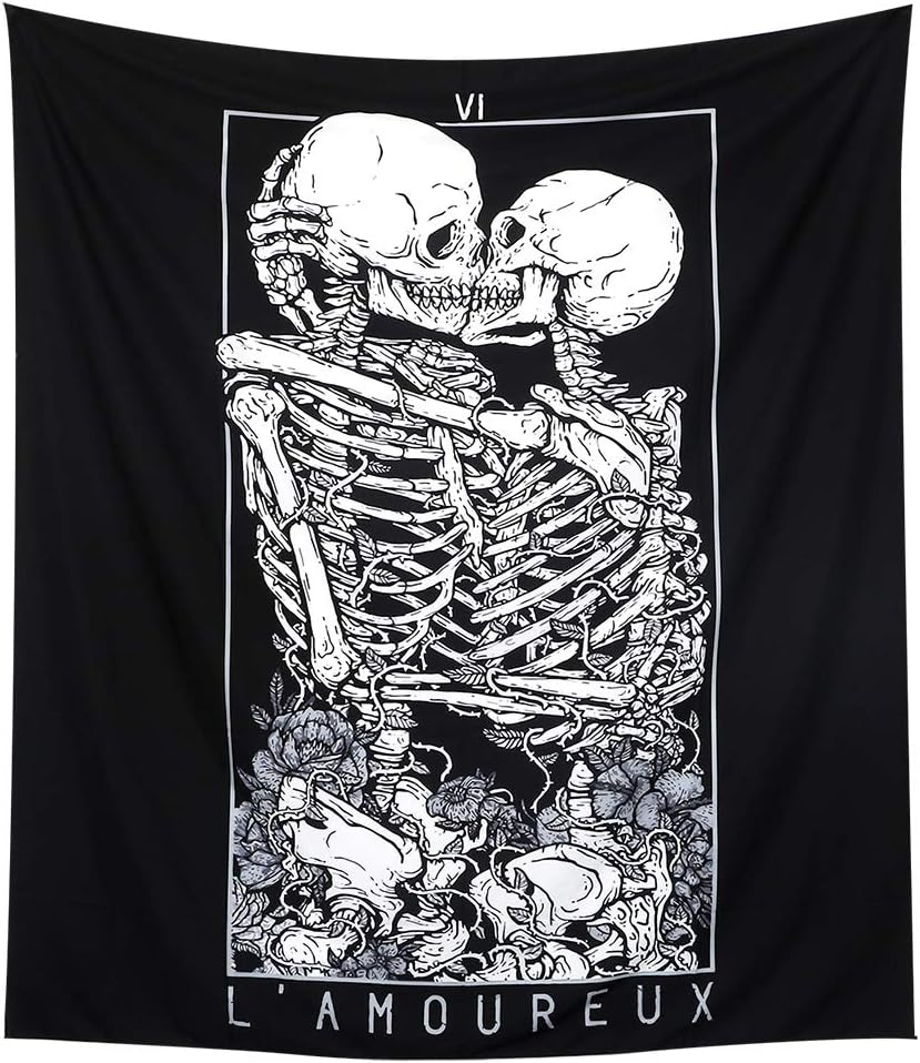 LOMOHOO Skull Tapestry Kissing Lover Black and White Tarot Skeleton Flower Tapestry Wall Hanging Beach Blanket Romantic Bedroom Dorm Home Decor (L:148x200cm/58 x79)